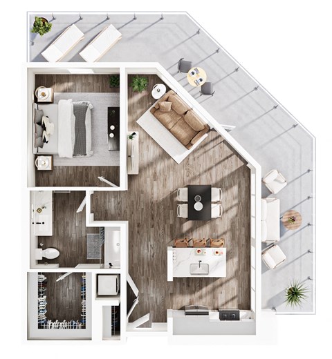 Floor plan for 1 bed, 1 bath, 895 sqft